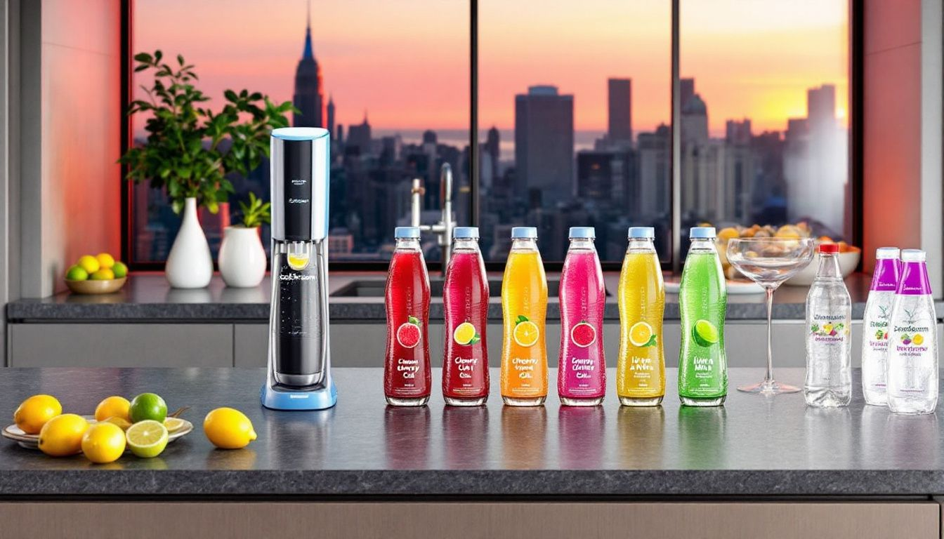 Various popular SodaStream flavors displayed alongside sparkling water bottles.