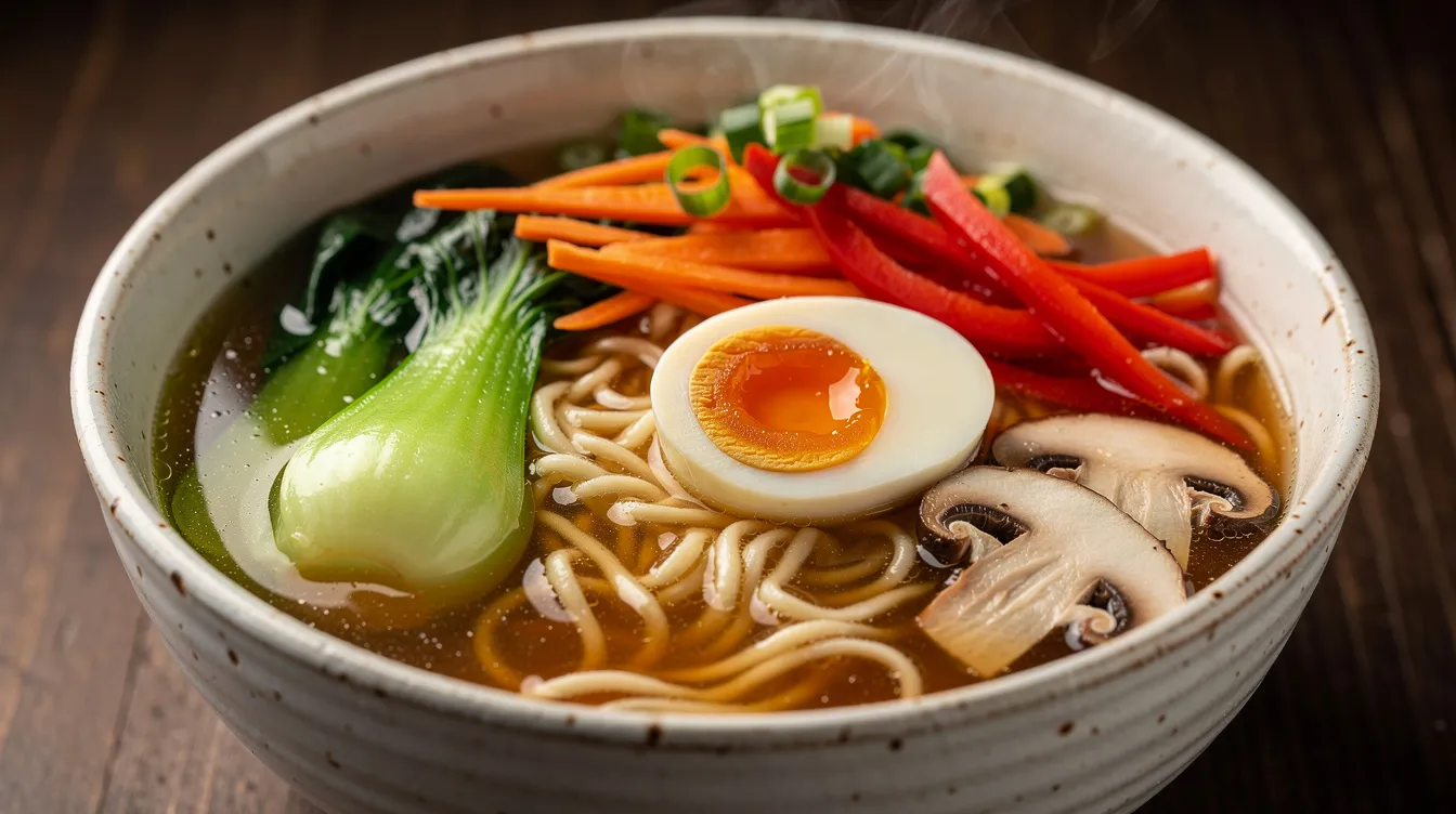 A steaming bowl of ramen features fresh ramen noodles in a flavorful broth, topped with a soft boiled egg, vibrant bok choy, and colorful shredded carrots, served in a traditional ceramic bowl.