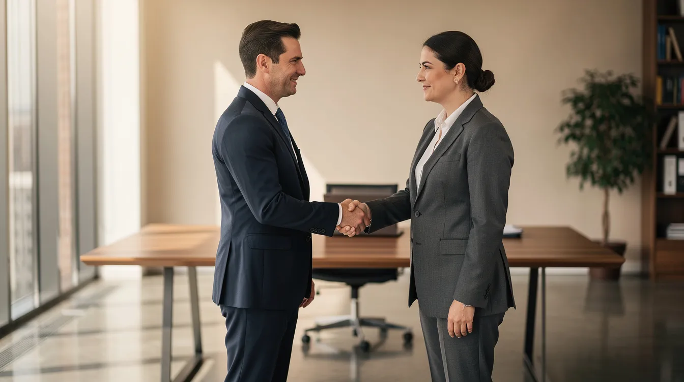 The image depicts two professionals shaking hands in a quiet office, symbolizing a successful transaction in the business brokerage industry. This moment reflects the culmination of the selling process, highlighting the importance of building trust between small business owners and potential buyers.