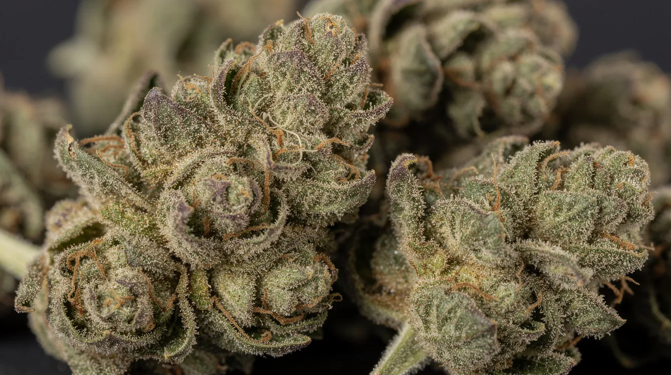 Das Bild zeigt dichte Cannabis-Buds, die mit sichtbaren Trichomen und klebrigem Harz überzogen sind. Diese Blüten befinden sich in der Blütephase von Cannabis und sind ein Zeichen für die bevorstehende Ernte, da sie reich an Cannabinoiden und Terpenen sind.