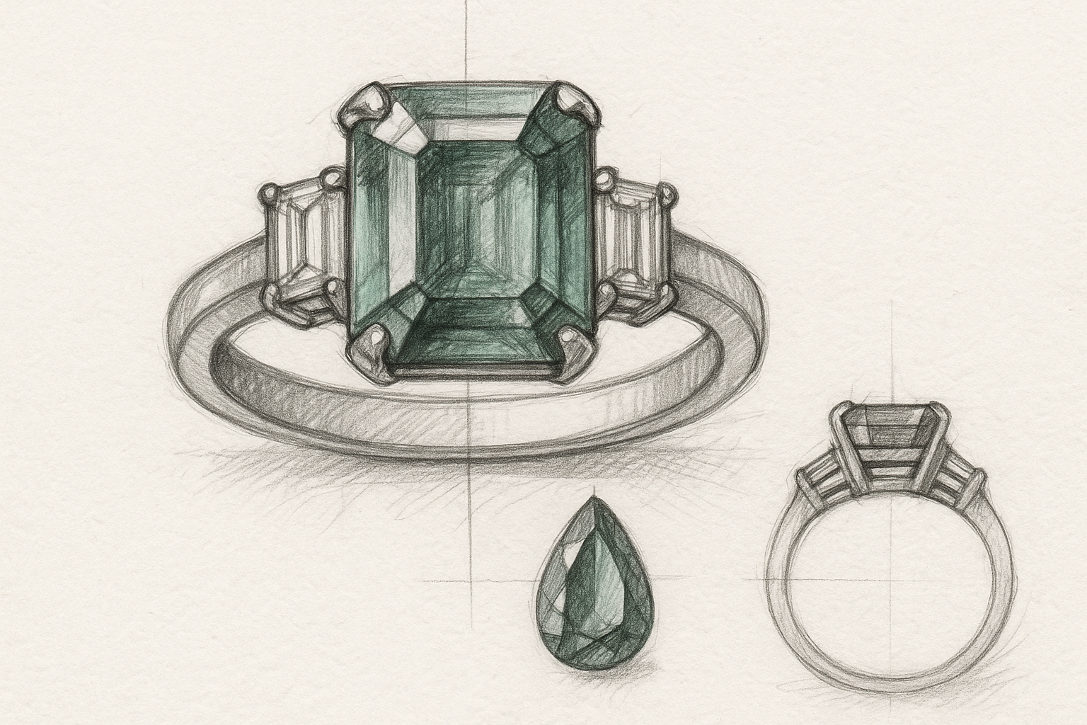 Juvelyro pieštuku pieštas žiedo su smaragdu eskizas