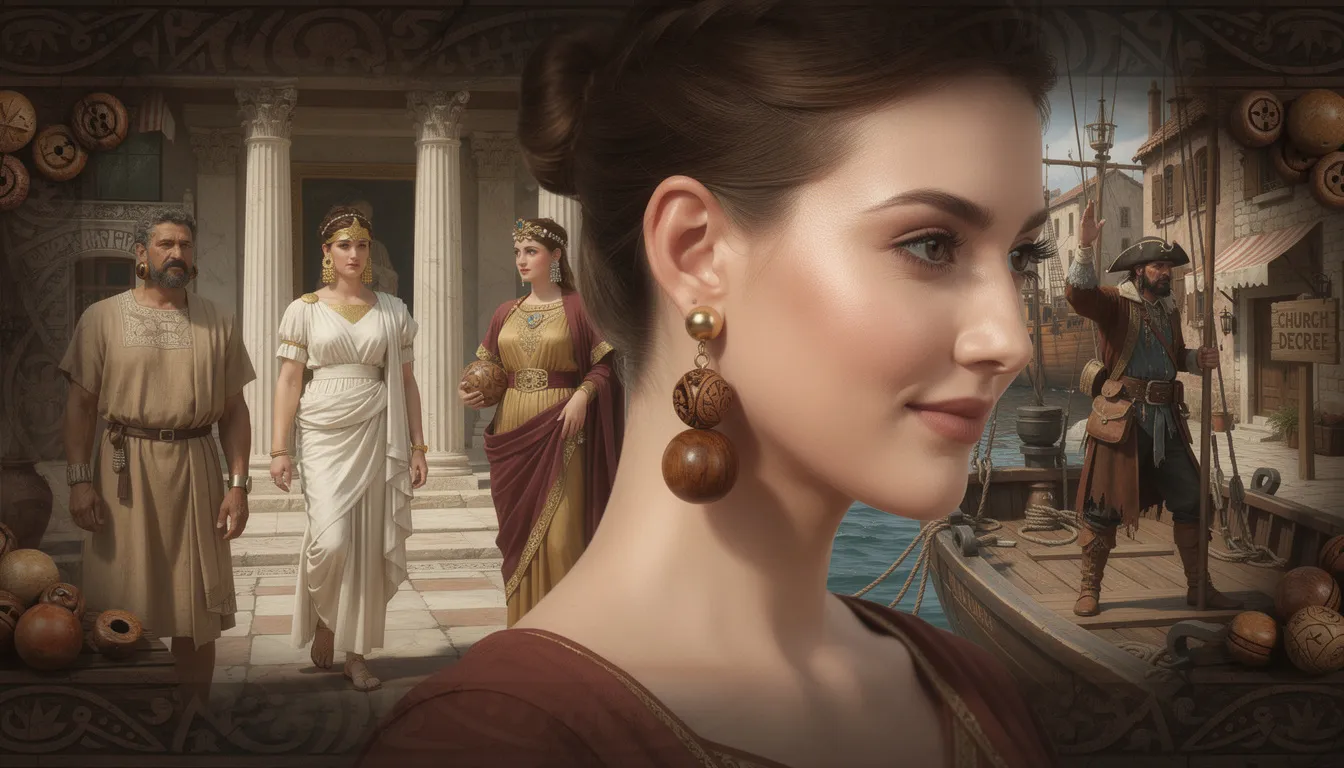 The image features a pair of elegant wooden bead earrings, showcasing a blend of natural textures and colors, including hues of green and purple. These drop earrings are a statement piece that reflects tradition and sophistication, making them suitable for various occasions.