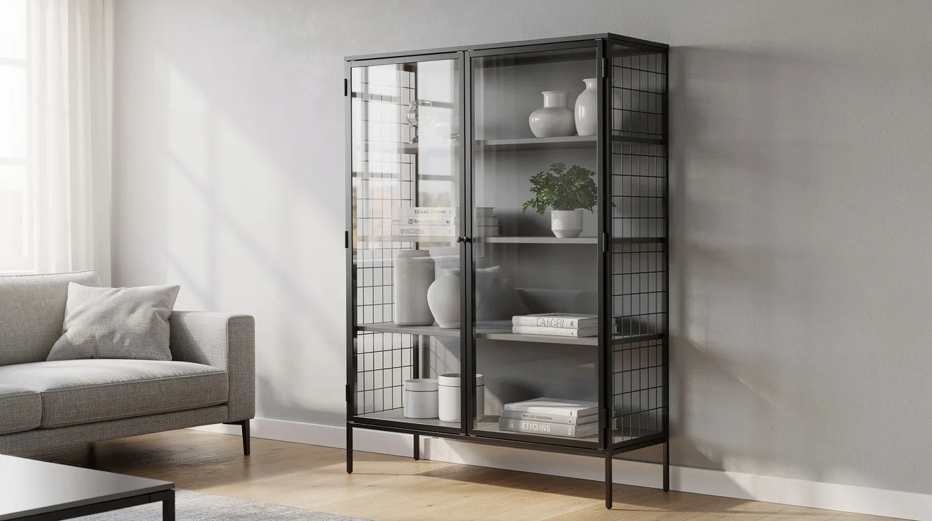 I bilden finns ett svart vitrinskåp i metall med industriell design, placerat i ett modernt vardagsrum. Skåpet har glasdörrar som visar upp ett sortiment av porslin och böcker, vilket ger en stilren känsla till hemmet.