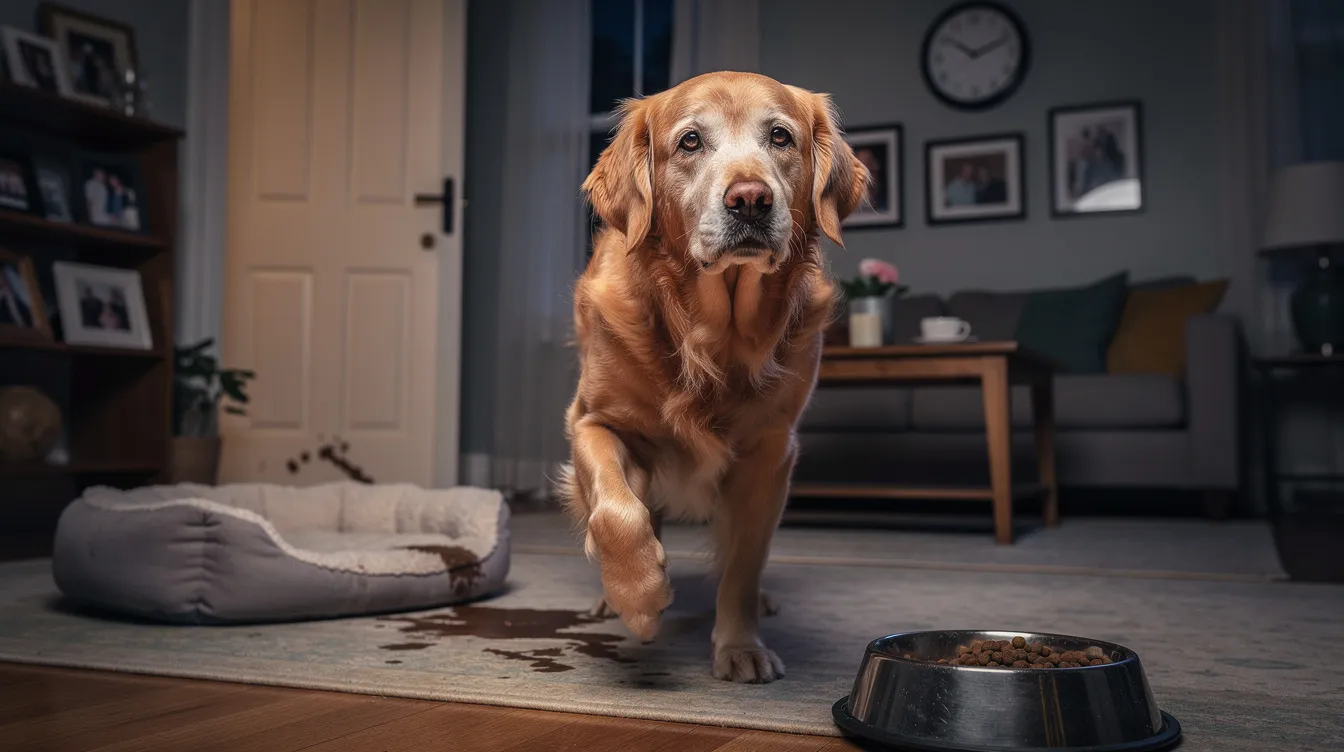 The image depicts a senior dog showing signs of cognitive decline, such as disorientation and unusual behavior, which are common indicators of canine cognitive dysfunction. The dog's expression reflects confusion, emphasizing the impact of aging and potential dog dementia on its quality of life.