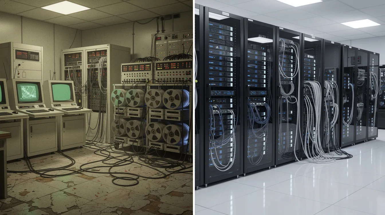a juxtaposition of vintage mainframe computer terminals 