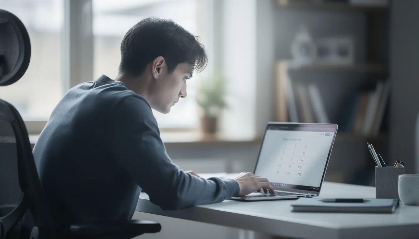 A focused individual is seated at a desk with a laptop, engaged in an online citizenship test, possibly preparing for the Australian citizenship practice test. The environment suggests a serious atmosphere, reflecting the importance of understanding Australian values and history for the exam.