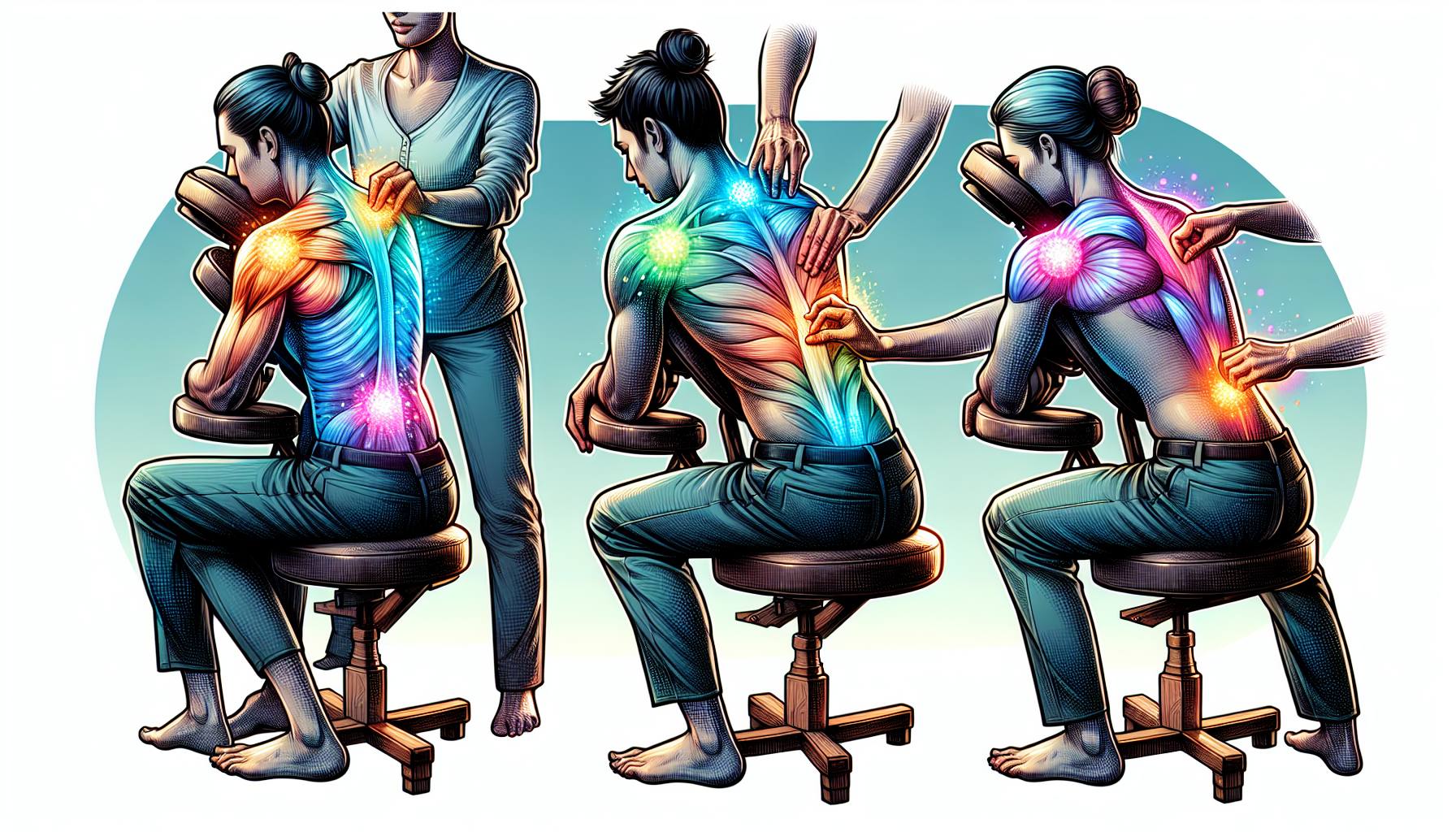 Illustration of essential chair massage techniques including kneading, tapping, and stretching