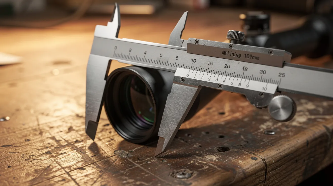 calipers A close-up view of calipers measuring the outside diameter of a scope objective bell on a wooden workbench, highlighting the importance of determining the right scope ring height for achieving proper eye alignment and long-range accuracy. The image emphasizes the precision needed in selecting medium or high rings for optimal mounting on a rifle's stock.