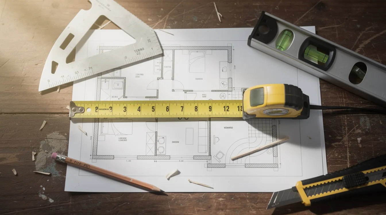 A close-up view of a property inspection scene featuring a measuring tape and various renovation tools arranged on a wooden surface, highlighting the meticulous details involved in evaluating residential property for potential renovations or improvements. This image emphasizes the importance of precise measurements and tools often used by bridge loan lenders and hard money lenders in real estate transactions.