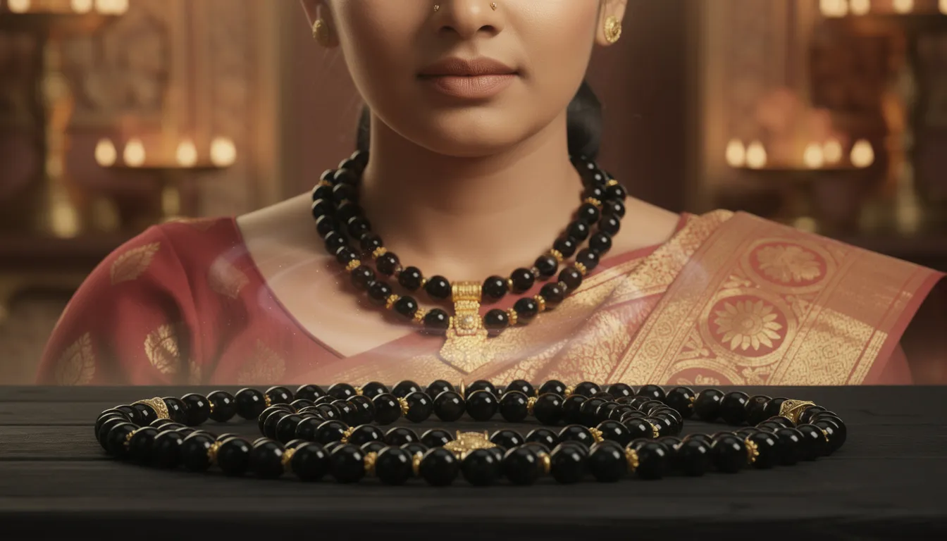 The image depicts a traditional black bead necklace, known as nallapusalu, commonly worn by married women in South Indian culture. The necklace features a series of black beads, symbolizing protection, good fortune, and marital status, while also representing strength and resilience.