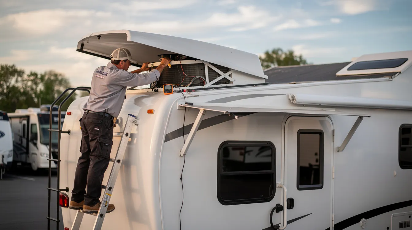 An RV technician is inspecting the rooftop air conditioning unit on a travel trailer, checking for issues like clogged filters or leaks to ensure the RV's air conditioning system is functioning properly. This professional service aims to maintain cool air flow and prevent costly repairs for RV owners.