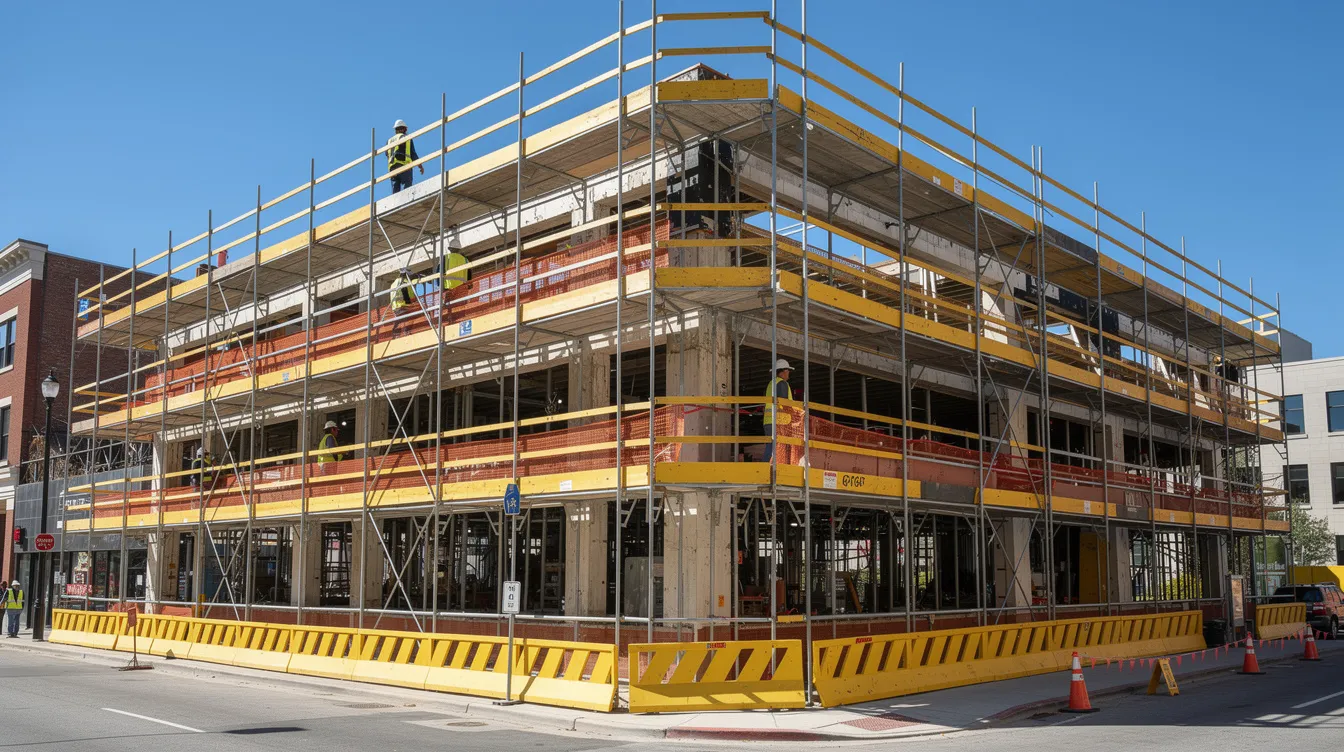 The image depicts a scaffolding structure surrounding a building, featuring guardrails and toe boards to enhance safety measures and prevent falls from height. This setup aligns with health and safety regulations, ensuring a secure working environment for employees.