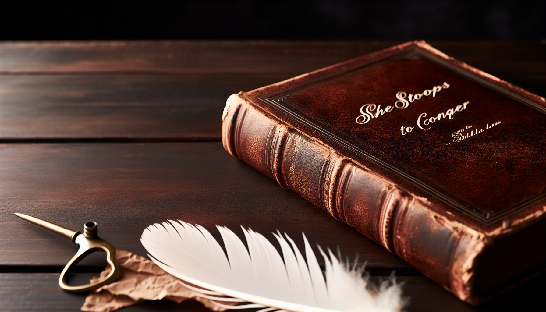 Vintage book with the title 'She Stoops to Conquer' and quill pen