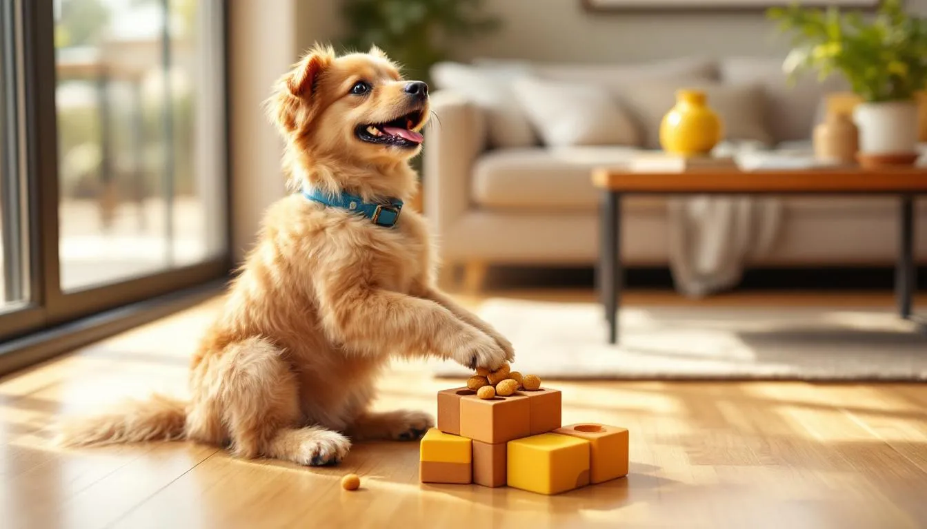 A small goldendoodle is energetically playing with colorful puzzle toys in a cozy living room, showcasing its friendly and affectionate nature. The playful interaction highlights the dog’s need for mental stimulation and its role as a beloved family pet.