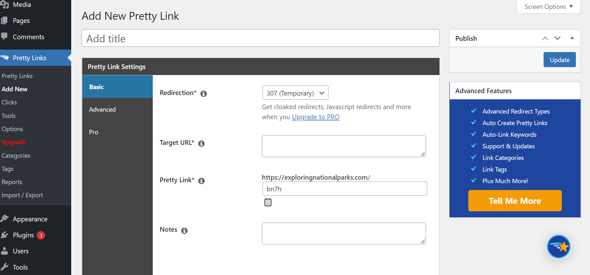 pretty links review - screenshot of adding a new pretty link