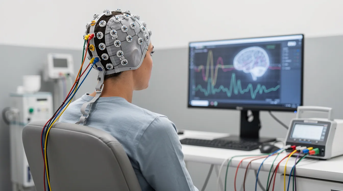 An individual is seated in a clinical environment, wearing a cap equipped with EEG sensors that monitor brain activity, while they focus on a computer screen. This neurofeedback session aims to enhance mental health by providing real-time feedback on brainwave patterns, potentially aiding in the treatment of conditions such as anxiety disorders and ADHD.