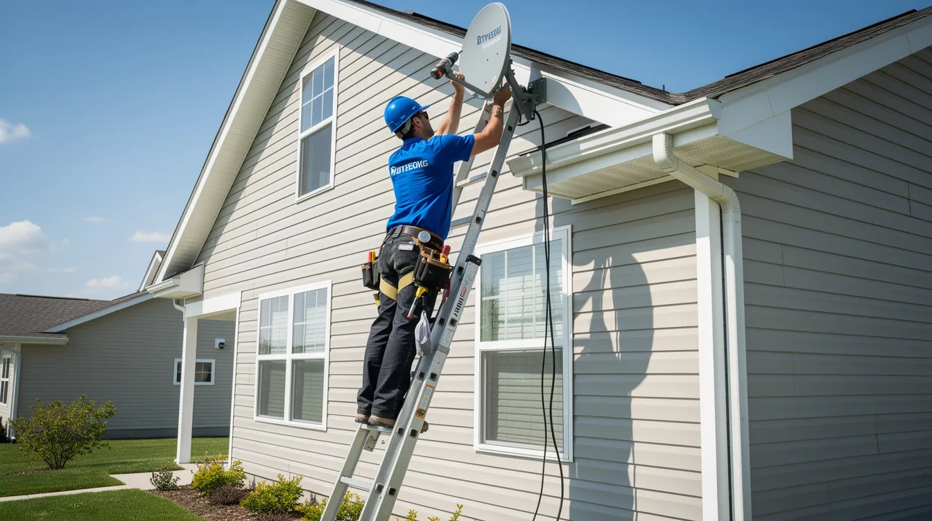 A technician is seen carefully installing a satellite dish on the roof of a residential property, ensuring optimal signal reception for the DSTV system. This professional DSTV installation service in Blue Downs showcases the skilled technicians at work, ready to provide customers with the best installation solutions for their home entertainment needs.