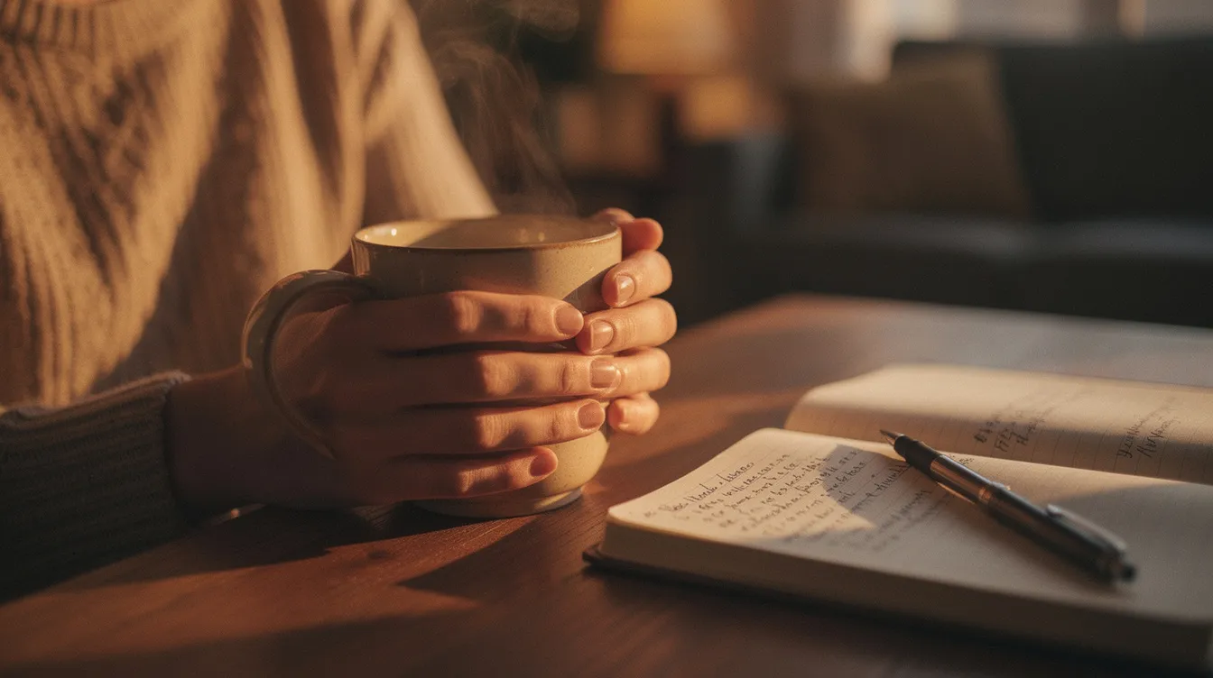 A person is holding a warm evening drink next to an open notebook, suggesting a moment of relaxation and reflection, which can support brain health and cognitive function. This scene evokes the idea of healthy habits, such as enjoying a soothing beverage while engaging in activities that promote mental clarity and memory.