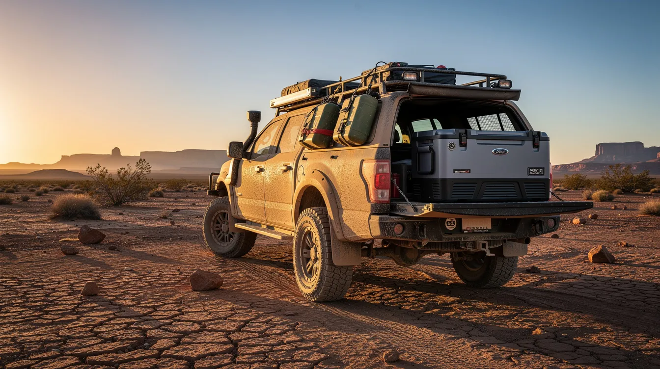 An overlanding vehicle is parked in a vast desert landscape, featuring a portable freezer cooler mounted in the cargo bed. This battery-powered cooler offers precise temperature control, making it ideal for keeping food and drinks cold during outdoor adventures.