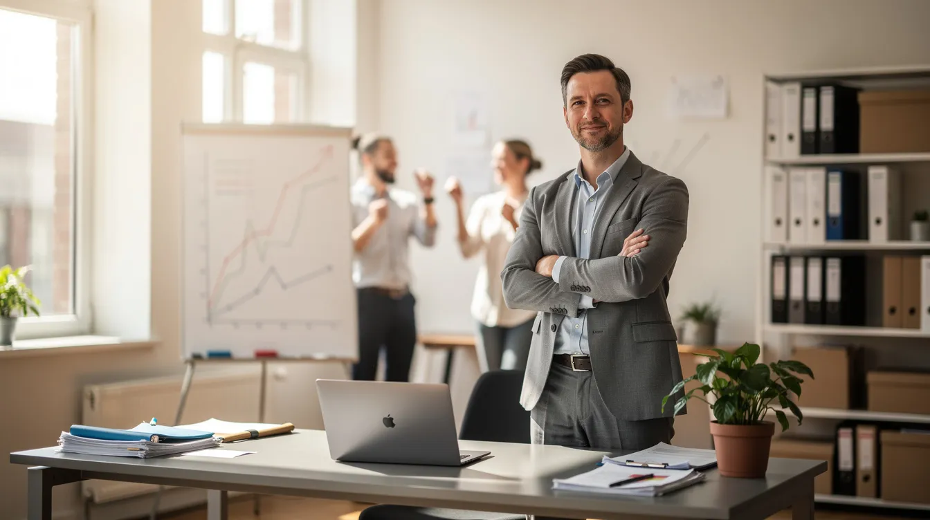 The image depicts a confident small business owner in a modern office, showcasing a sense of success after securing critical business funding. The individual appears determined and ready to use the loan principal for growing the business, reflecting the importance of effective management and strategic planning in achieving their goals.