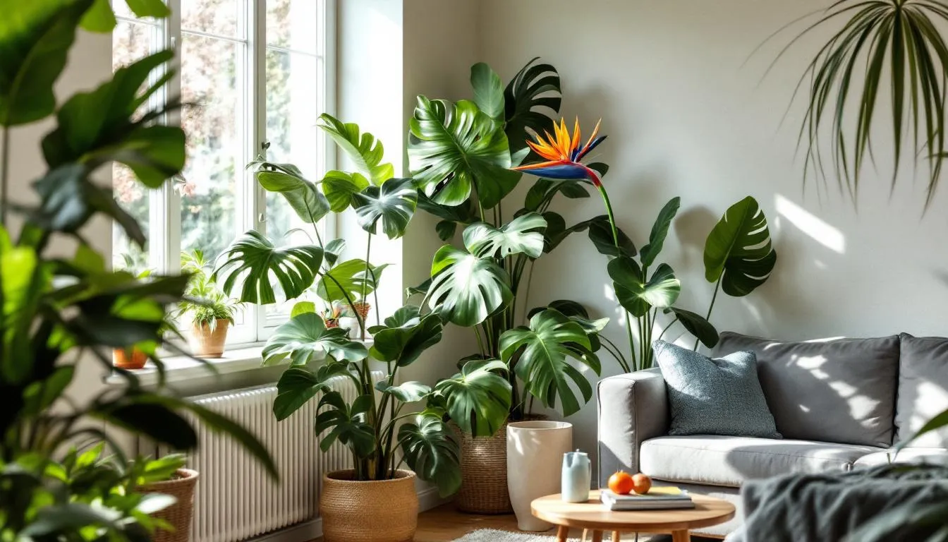In einem hellen Wohnzimmer schaffen mehrere große Zimmerpflanzen, darunter eine Monstera und eine Strelitzia, eine grüne Oase. Die üppigen Blätter der xxl Zimmerpflanzen bringen Leben und frische Luft in den Raum, während sie als Blickfang in der Einrichtung dienen.