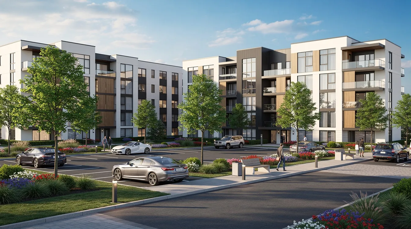 The image depicts a modern apartment building complex surrounded by well-maintained landscaping and a spacious parking lot. This commercial property showcases the potential for real estate investors to utilize cost segregation strategies to enhance cash flow and maximize tax savings through accelerated depreciation deductions.