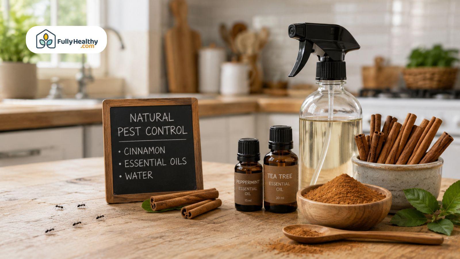 Natural pest control setup with cinnamon essential oils and homemade ant spray