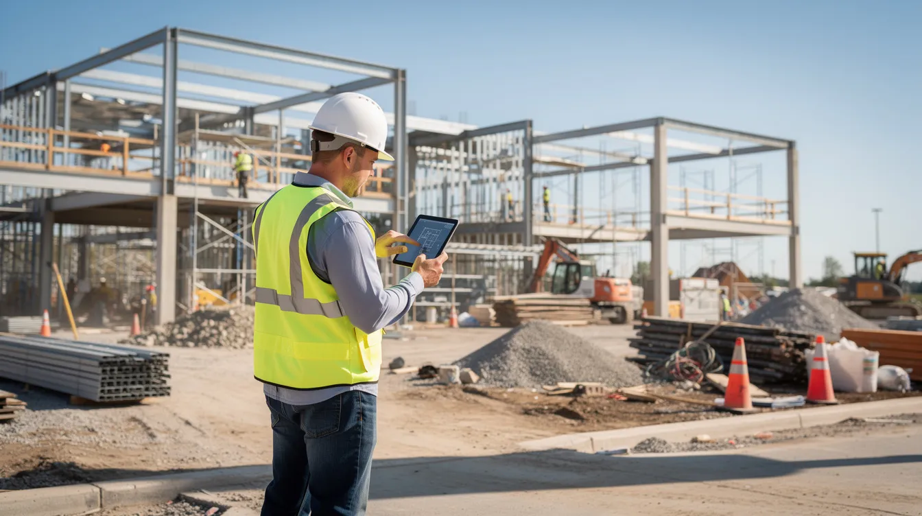 A construction superintendent wearing a hard hat is reviewing a tablet on an active commercial job site, surrounded by construction equipment and workers in bright sunlight. This scene highlights the essential role of quality control and management in the construction industry as the superintendent assesses project objectives and mitigates risks.