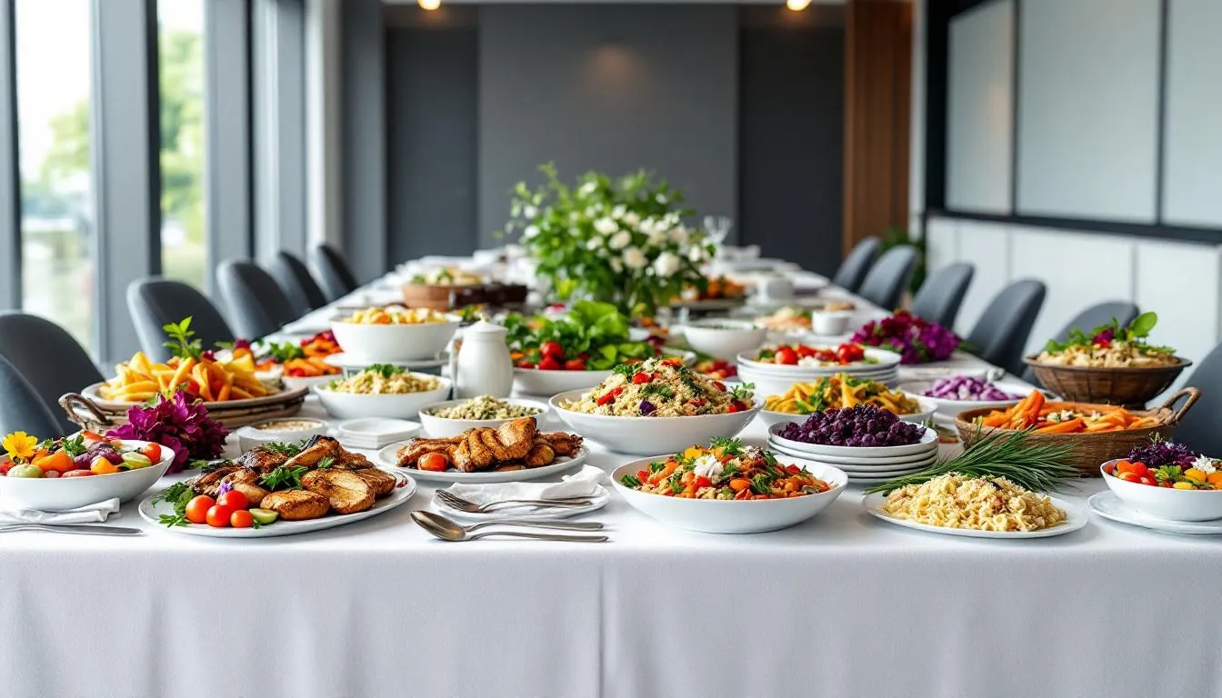 The image depicts a professional corporate buffet setup featuring a variety of quality food options, including elegant salads, sandwiches, and fresh dishes, all beautifully presented for guests at a corporate event. The arrangement reflects a thoughtful consideration of dietary requirements, ensuring a delightful experience for teams and customers alike.