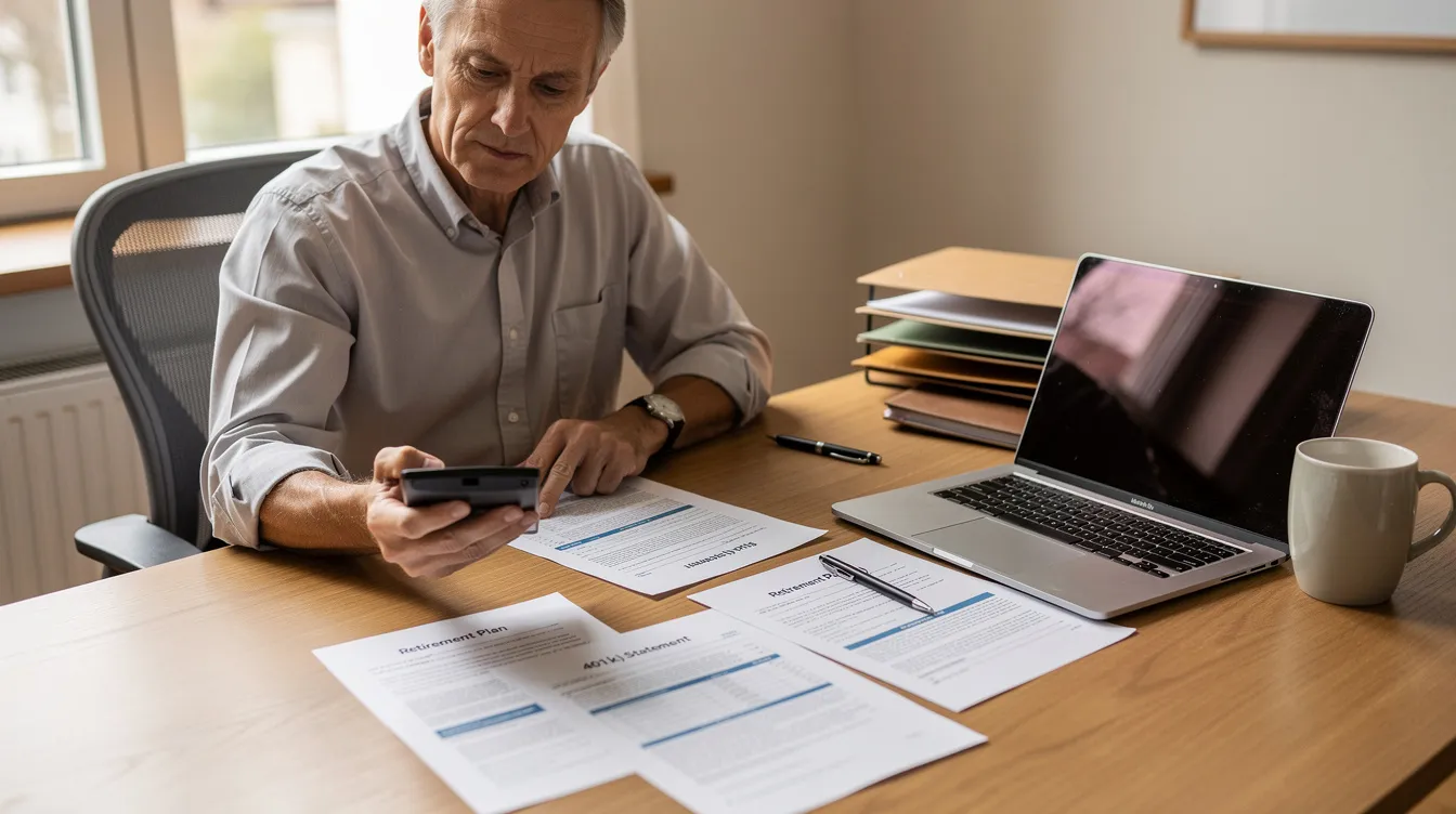 A person is sitting at a desk, comparing retirement paperwork while using a calculator and laptop to evaluate their pension plan options. The scene captures the individual focused on understanding their retirement benefits, including potential monthly payments and lump sum payment choices.