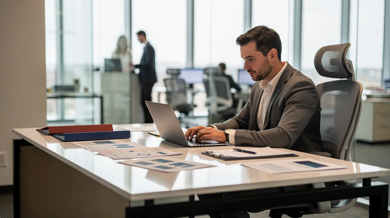 A professional is seated at a sleek modern desk in an office, focused on their laptop while surrounded by various documents. This scene captures the essence of a workspace where individuals may be engaged in tasks related to visa applications, such as the long stay visa for Ireland or employment visa requirements.