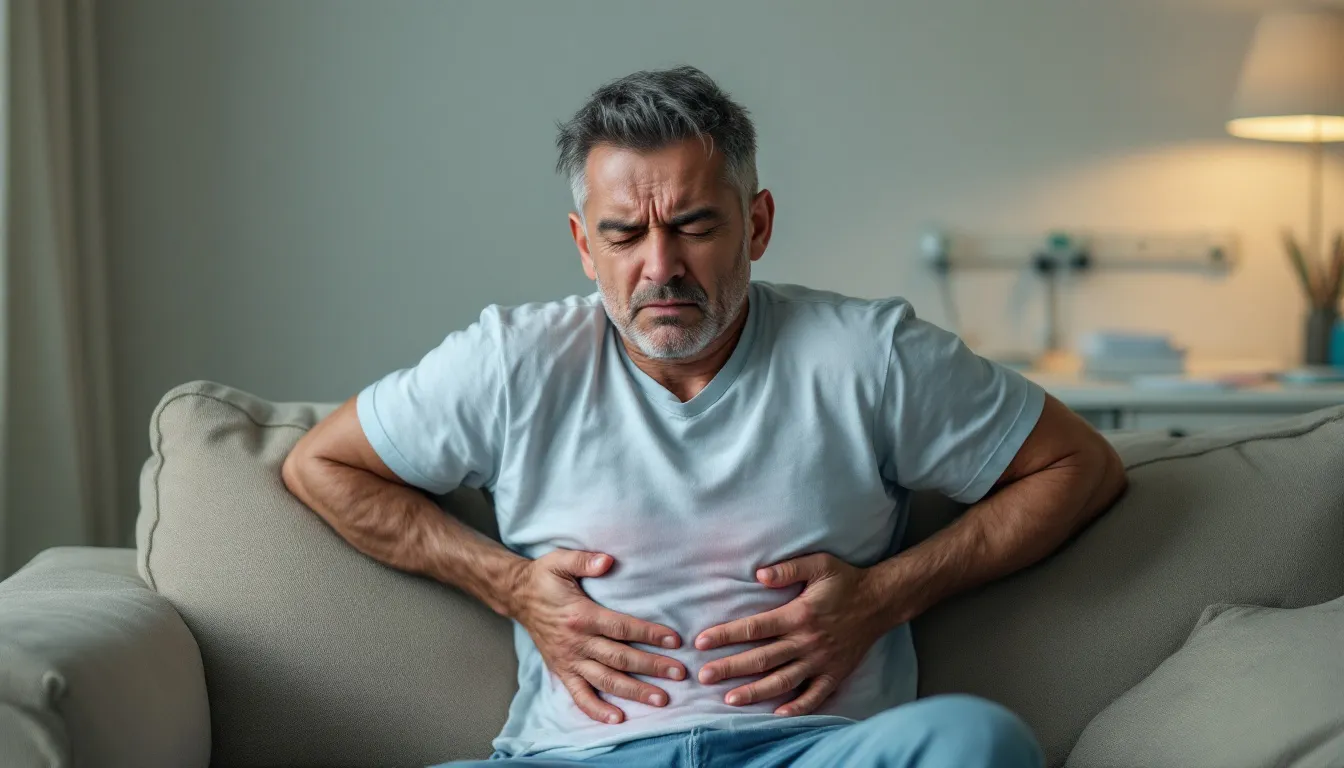 A person holding their back in discomfort, possibly due to pneumonia-related back pain.