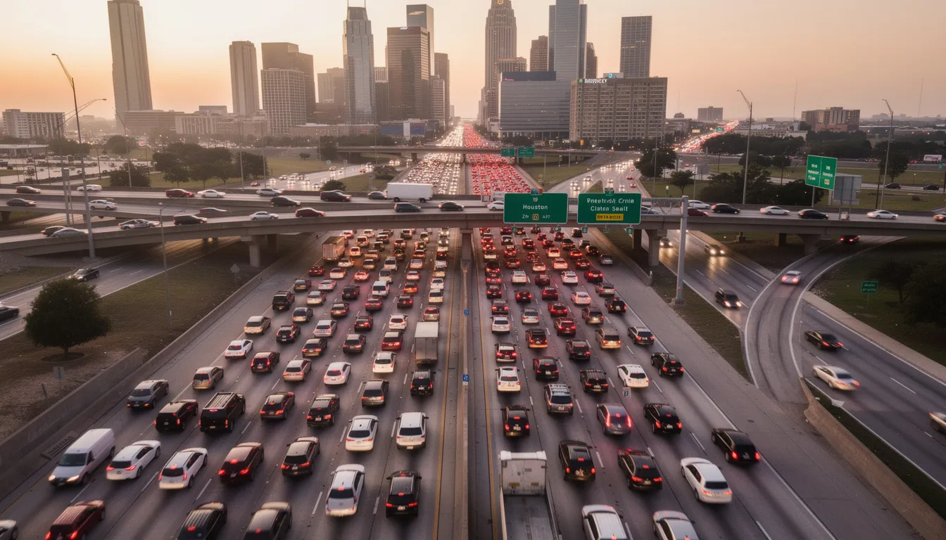 The image depicts a busy Houston highway filled with dense traffic during rush hour, highlighting the potential for auto accidents in the area. This scene emphasizes the importance of having an abogado de accidentes de auto en Houston to assist victims of accidents and navigate the complexities of insurance claims.