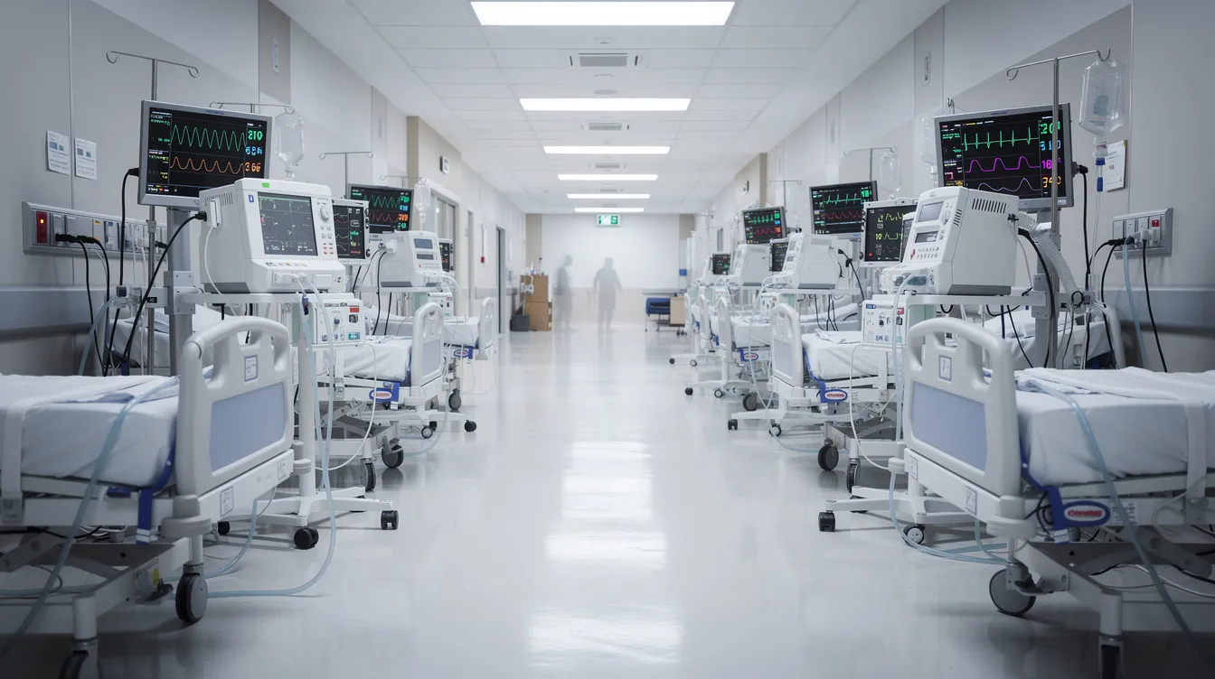 The image depicts a hospital ICU corridor featuring patient beds, ventilators, and multiparameter monitors, which are vital medical equipment used for monitoring patients' heart rate, oxygen saturation, and blood pressure. The scene illustrates the essential technology and devices that support the day-to-day operations of healthcare facilities.