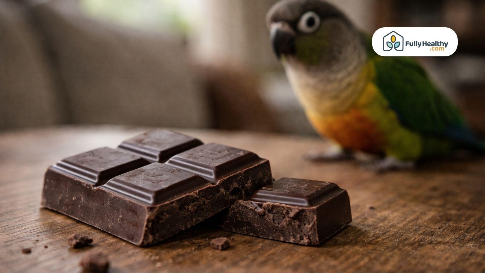 Dark chocolate pieces on table with blurred parrot in background