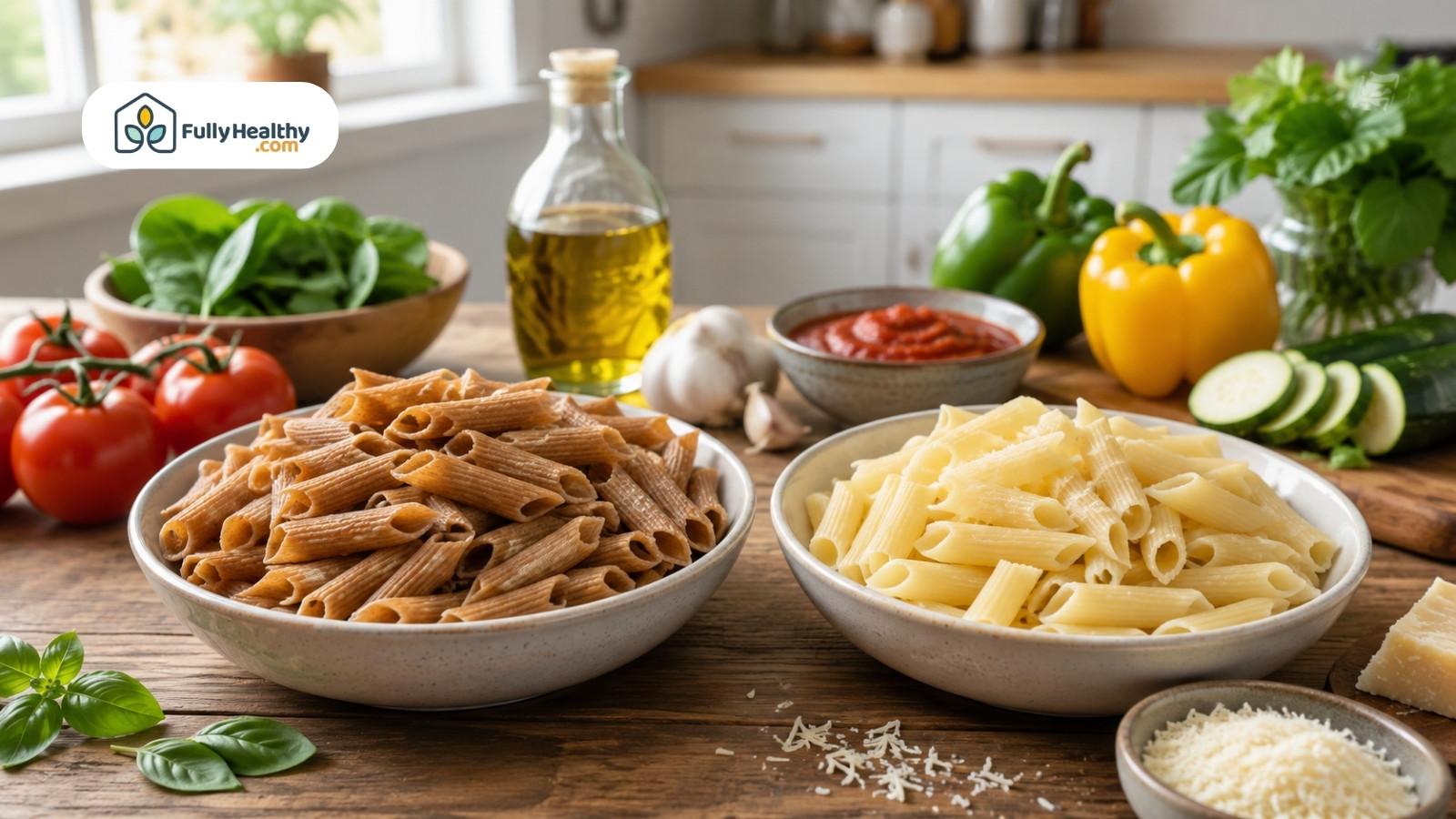 Whole-grain and white pasta bowls with vegetables, tomato sauce, and Parmesan