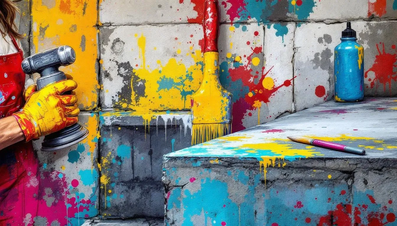 Preparing concrete surfaces for painting, showing tools and techniques.