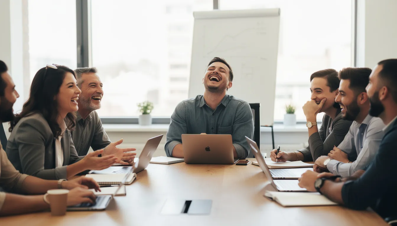 Een groep mensen zit samen tijdens een teamoverleg en lacht uitbundig, wat wijst op een fijne werksfeer en sociaal contact. Hun enthousiasme en samenwerking creëren een dynamisch team dat zich richt op groei en ontwikkeling binnen hun nieuwe job.