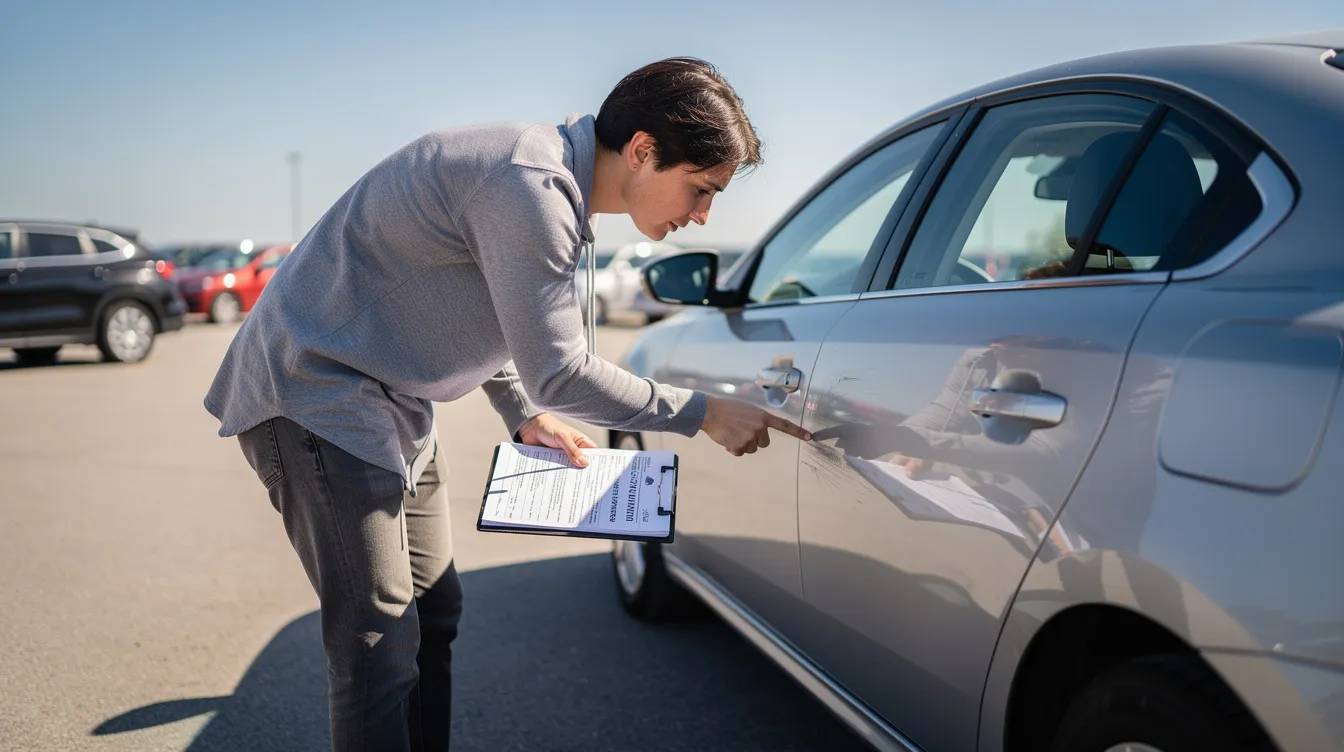 Une personne inspecte la carrosserie d'une voiture de location avant le départ.