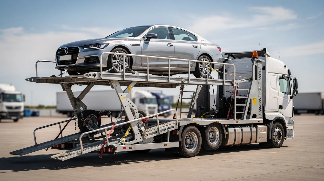 An open auto transport carrier truck is shown with a sedan securely loaded on top, ready for car shipping services. This image represents a reliable and hassle-free option for students needing to ship their vehicles to college campuses.
