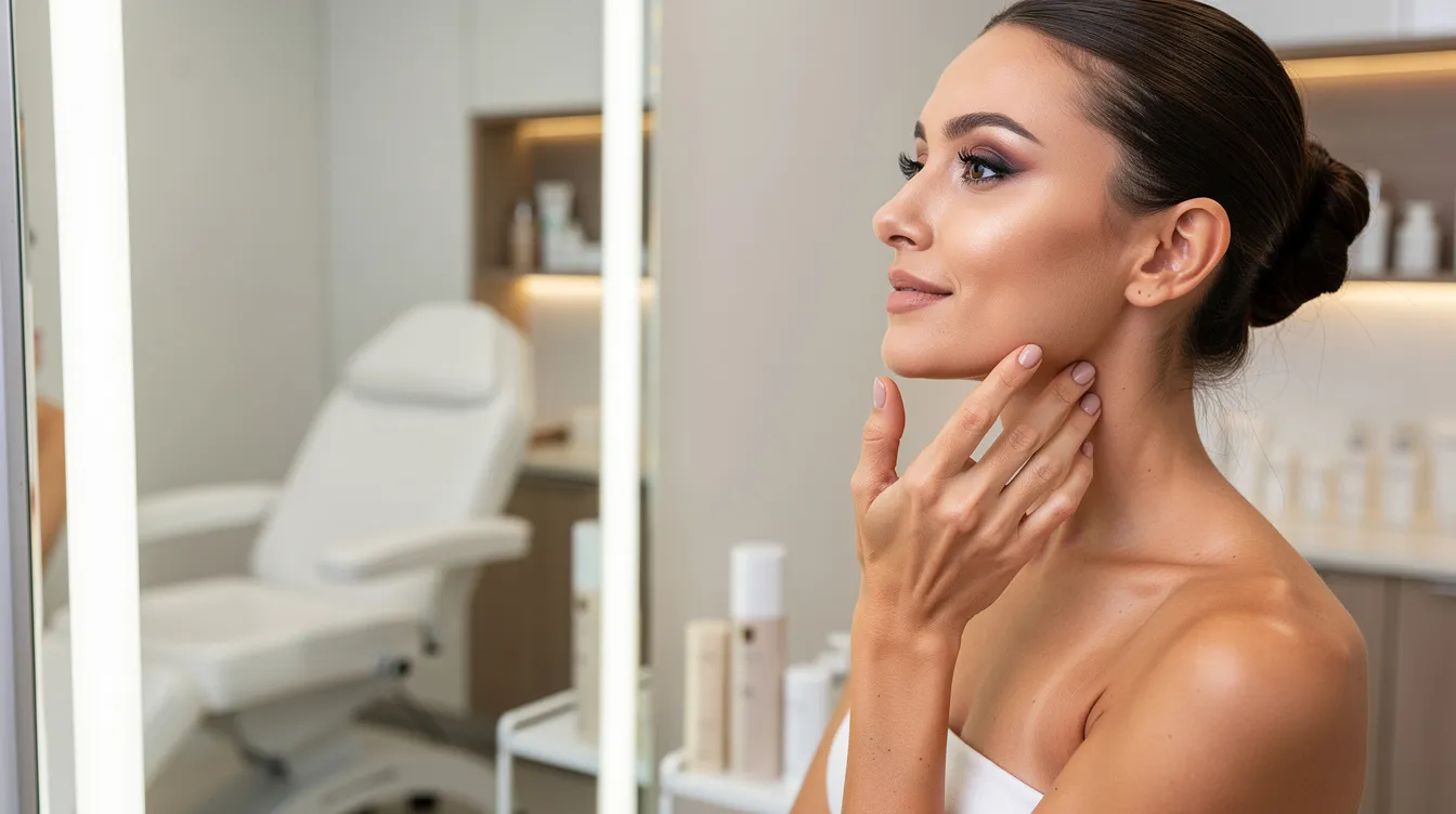 A woman examines her jawline in a mirror after a cosmetic consultation, considering the benefits of advanced laser treatment options for skin tightening and reducing skin laxity. She reflects on the potential of the revolutionary endolift laser treatment to achieve youthful contours and firmer skin with minimal downtime.