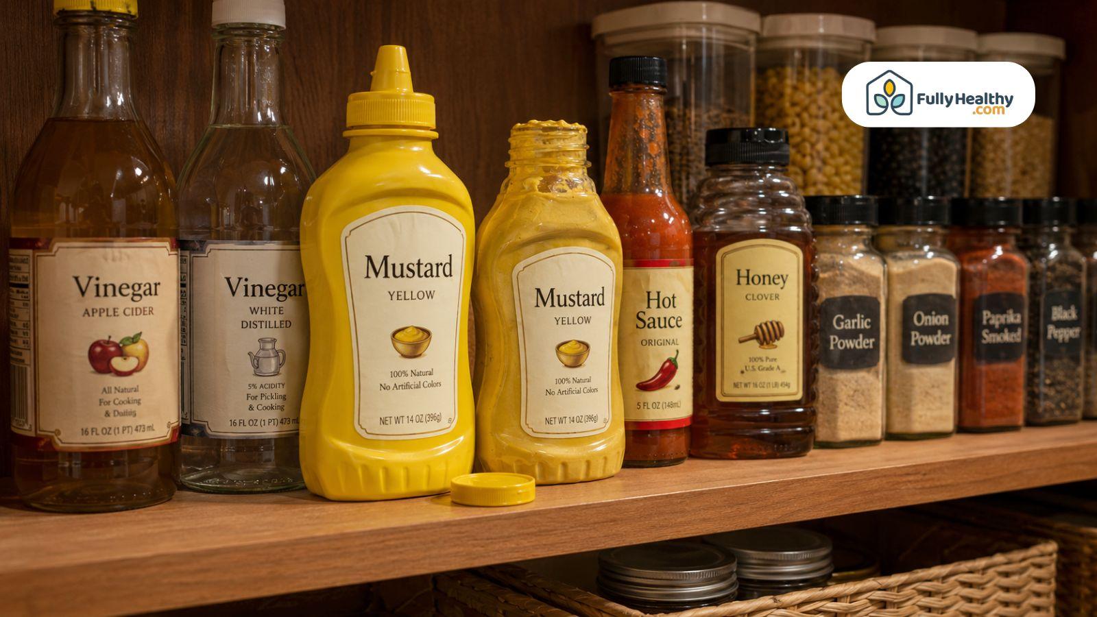 Pantry shelf with mustard vinegar hot sauce honey and organized spices