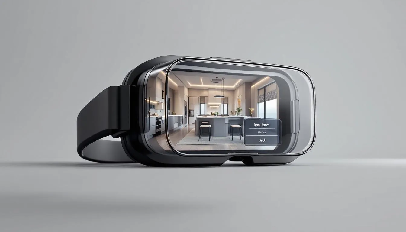 A virtual reality headset is shown, featuring a vibrant 3D interface for a property tour, designed to enhance client interactions in the real estate market. This innovative technology utilizes artificial intelligence to provide potential buyers with immersive experiences of properties, showcasing the future of the real estate industry. A virtual reality headset is shown, featuring a vibrant 3D interface for a property tour, designed to enhance client interactions in the real estate market. This innovative technology utilizes artificial intelligence to provide potential buyers with immersive experiences of properties, showcasing the future of the real estate industry.