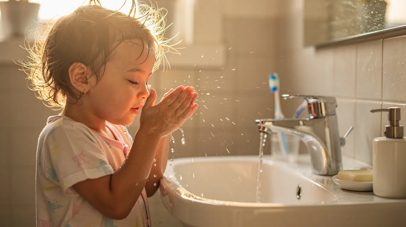 A child is playfully splashing water on their face at a bathroom sink, illuminated by soft morning light. This refreshing moment highlights the importance of a gentle skincare routine for young skin, promoting healthy skin and hydration while removing impurities.