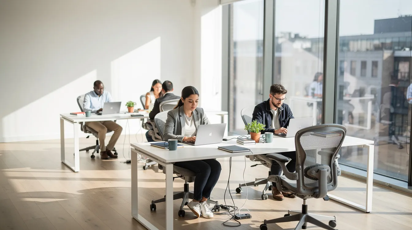 The image depicts a bright, modern open-plan office space where a small team of startup owners is working at desks near large windows, allowing ample natural light to fill the area. This inviting workspace fosters collaboration among early-stage teams in a vibrant environment.