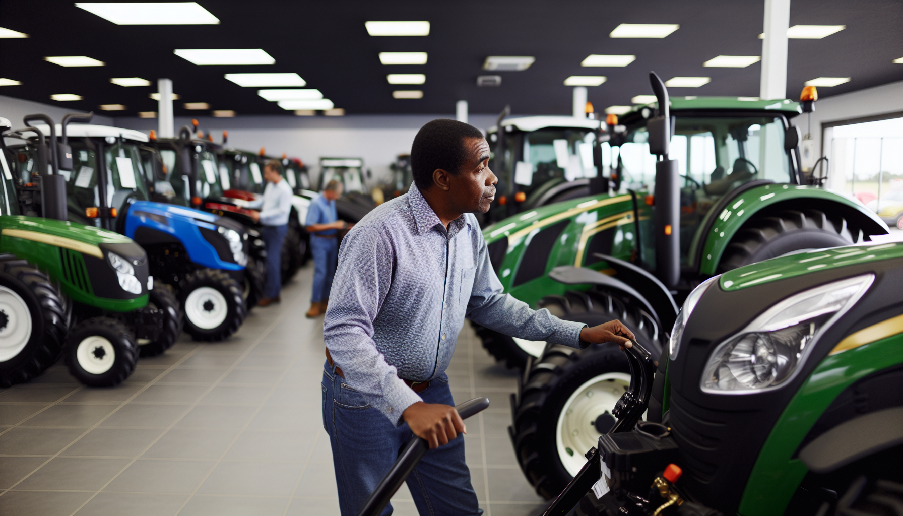 A person comparing different tractor sizes in a dealership showroom