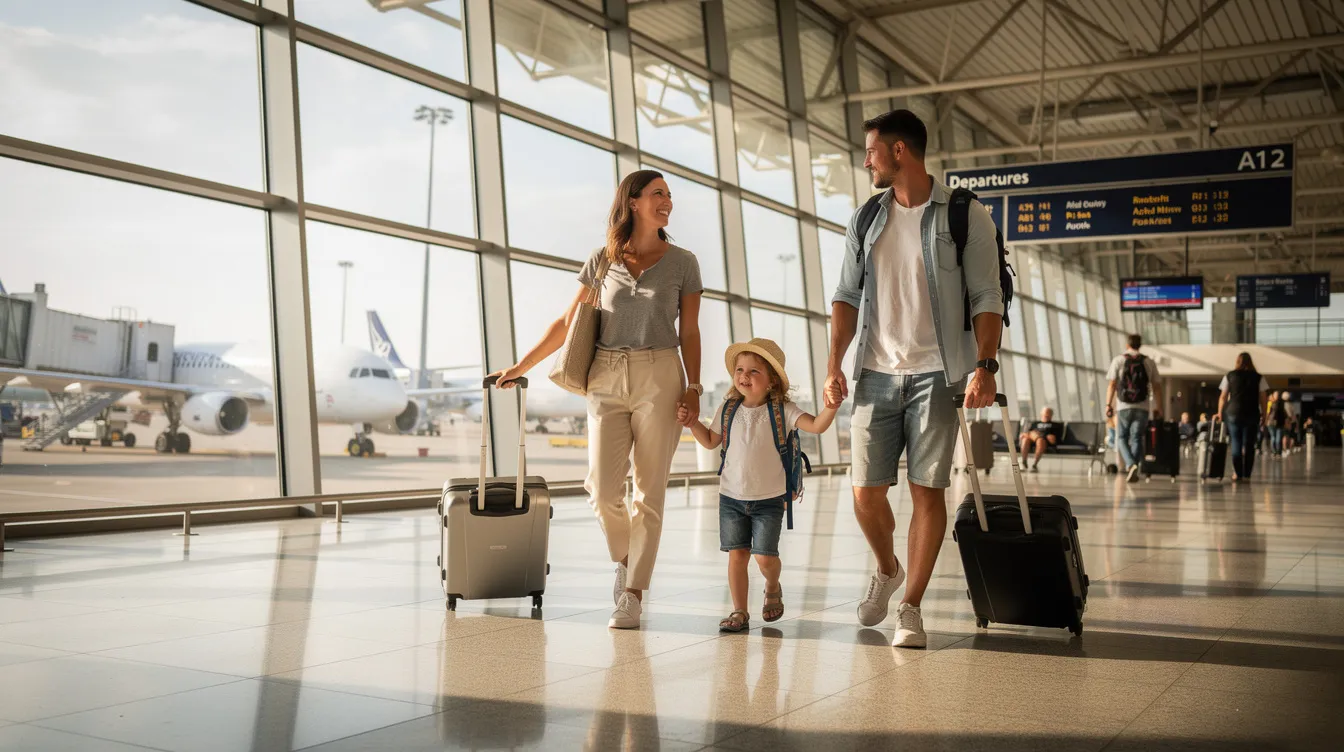 A young family is seen walking through an international airport terminal, pulling their luggage behind them. The bustling environment is filled with travelers, showcasing the excitement of travel, while the family appears eager and ready for their journey.