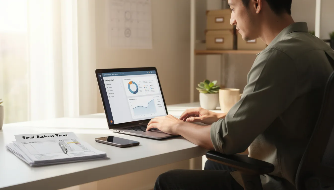 A person is seated at a bright desk, focused on their laptop while sipping coffee, as they manage their small business. The scene conveys a professional environment where small business owners can utilize web development tools to create a professional website and enhance their online presence.