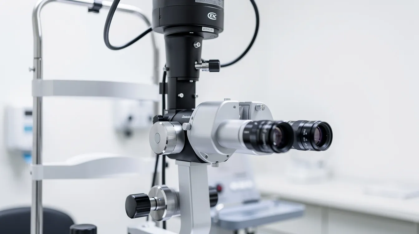 The image features a modern slit lamp examination device, prominently displayed in a clinical setting, highlighting advanced technology used for eye examinations. This medical equipment is essential for patient care in eye hospitals, facilitating accurate diagnostics and enhancing patient safety during procedures such as cataract surgery.