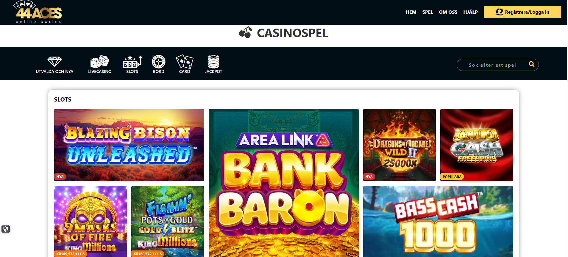 Slots hos 44Aces med nya och populära spelautomater.